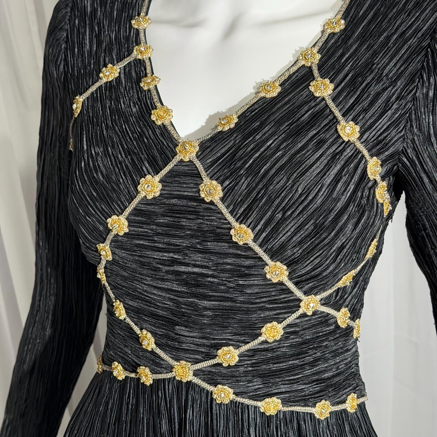 MARY MCFADDEN COUTURE vintage evening dress, 1980s black beaded plisse pleats gown