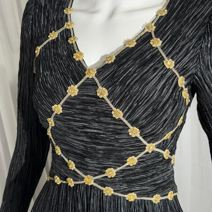 MARY MCFADDEN COUTURE vintage evening dress, 1980s black beaded plisse pleats gown