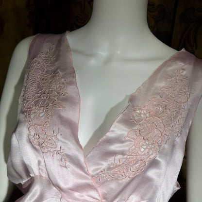 PEACOCK vintage Silk Nightgown Slip Dress, SHANGHAI Embroidered Pink Lingerie dress, Size XL Tall