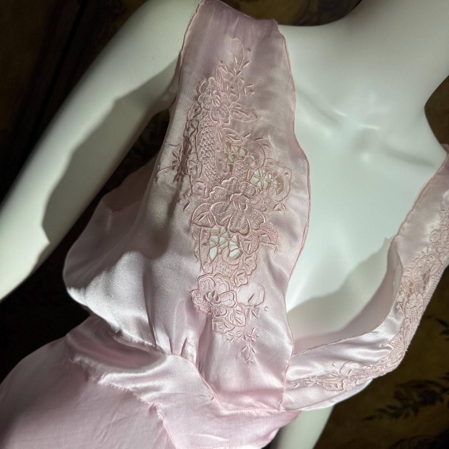PEACOCK vintage Silk Nightgown Slip Dress, SHANGHAI Embroidered Pink Lingerie dress, Size XL Tall