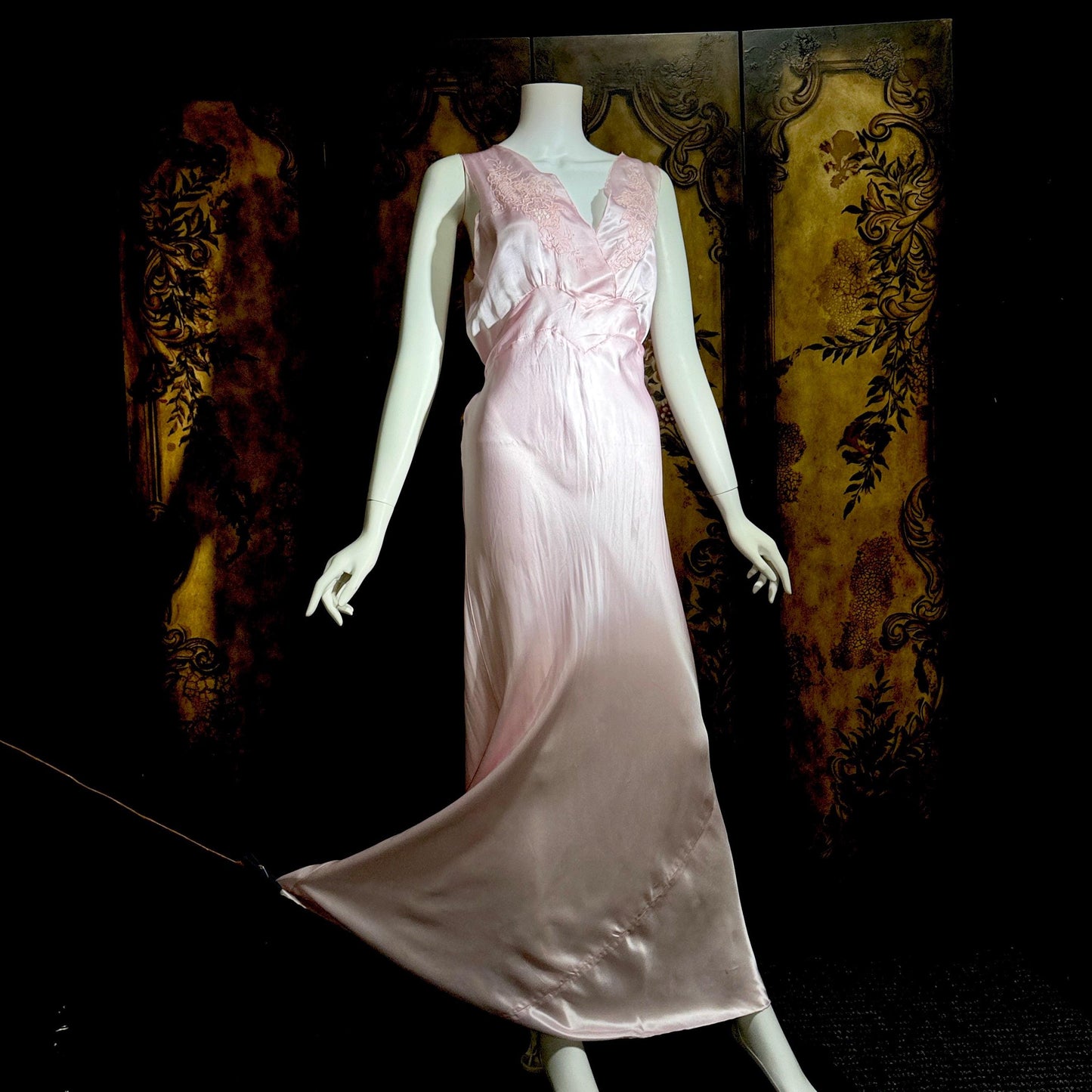 PEACOCK vintage Silk Nightgown Slip Dress, SHANGHAI Embroidered Pink Lingerie dress, Size XL Tall