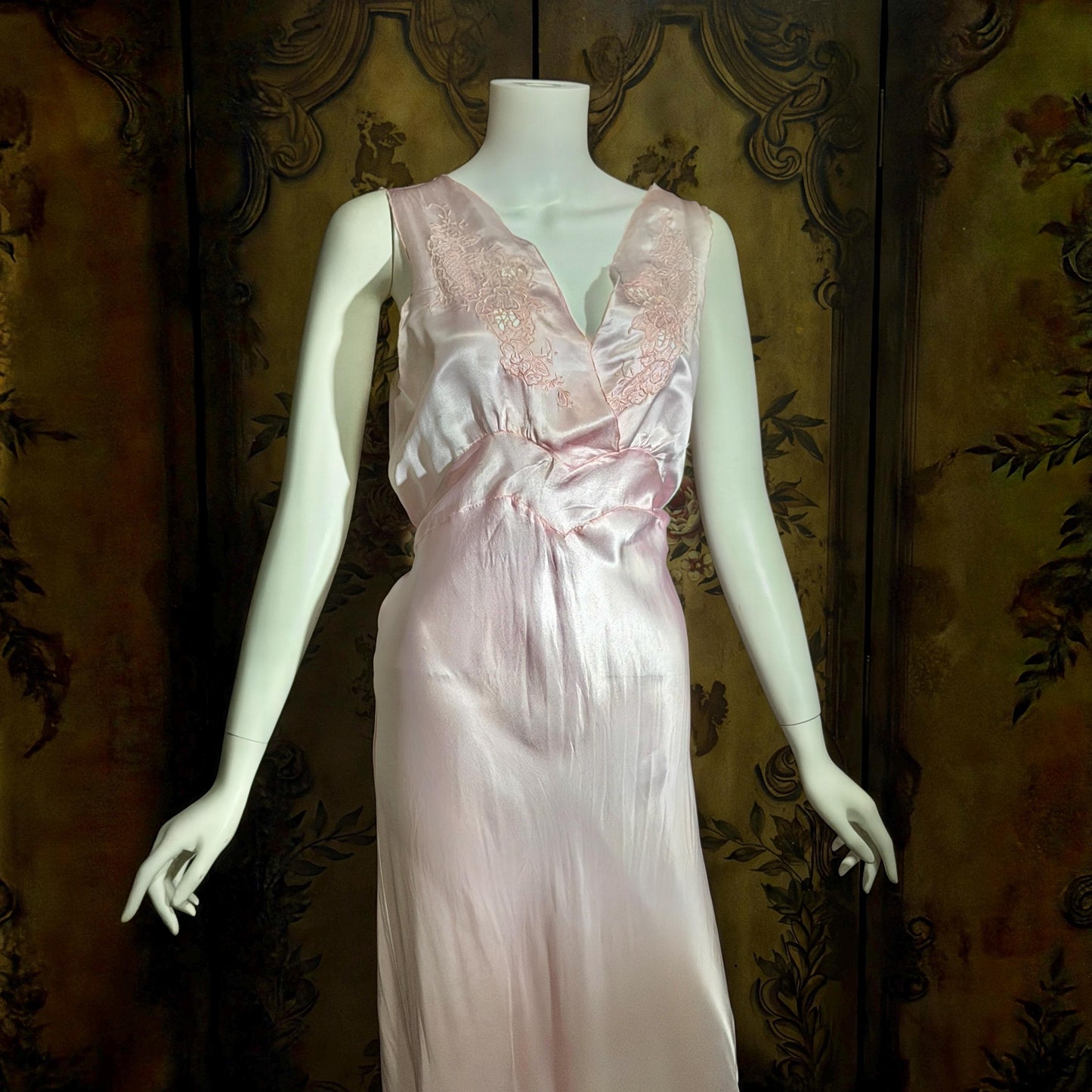 PEACOCK vintage Silk Nightgown Slip Dress, SHANGHAI Embroidered Pink Lingerie dress, Size XL Tall
