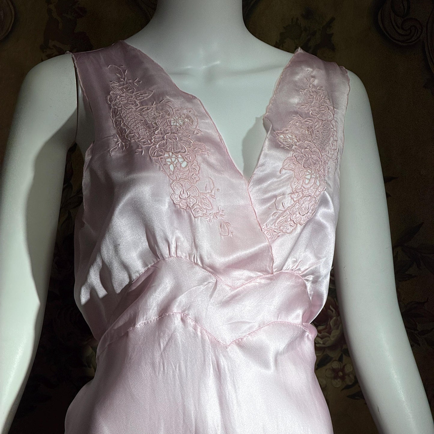 PEACOCK vintage Silk Nightgown Slip Dress, SHANGHAI Embroidered Pink Lingerie dress, Size XL Tall