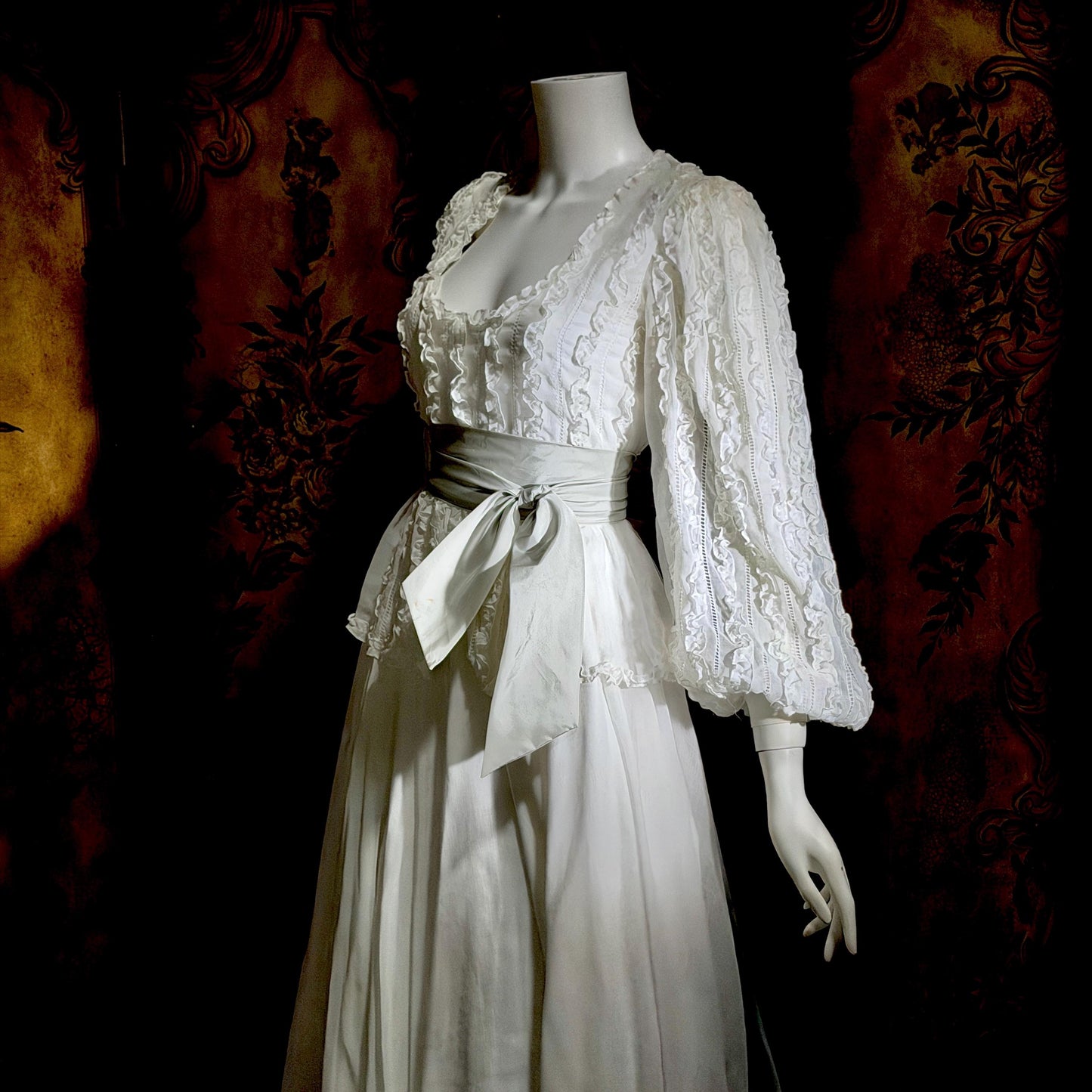 BONNIE STRAUSS Vintage 1970s dress, White Cotton Ruffle Dress Bishop Sleeves