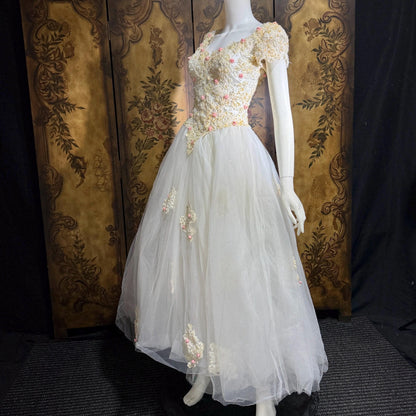 1980s Vintage Wedding Dress, Basque waist and tulle skirt Rosettes sequins and beads Ball Gown