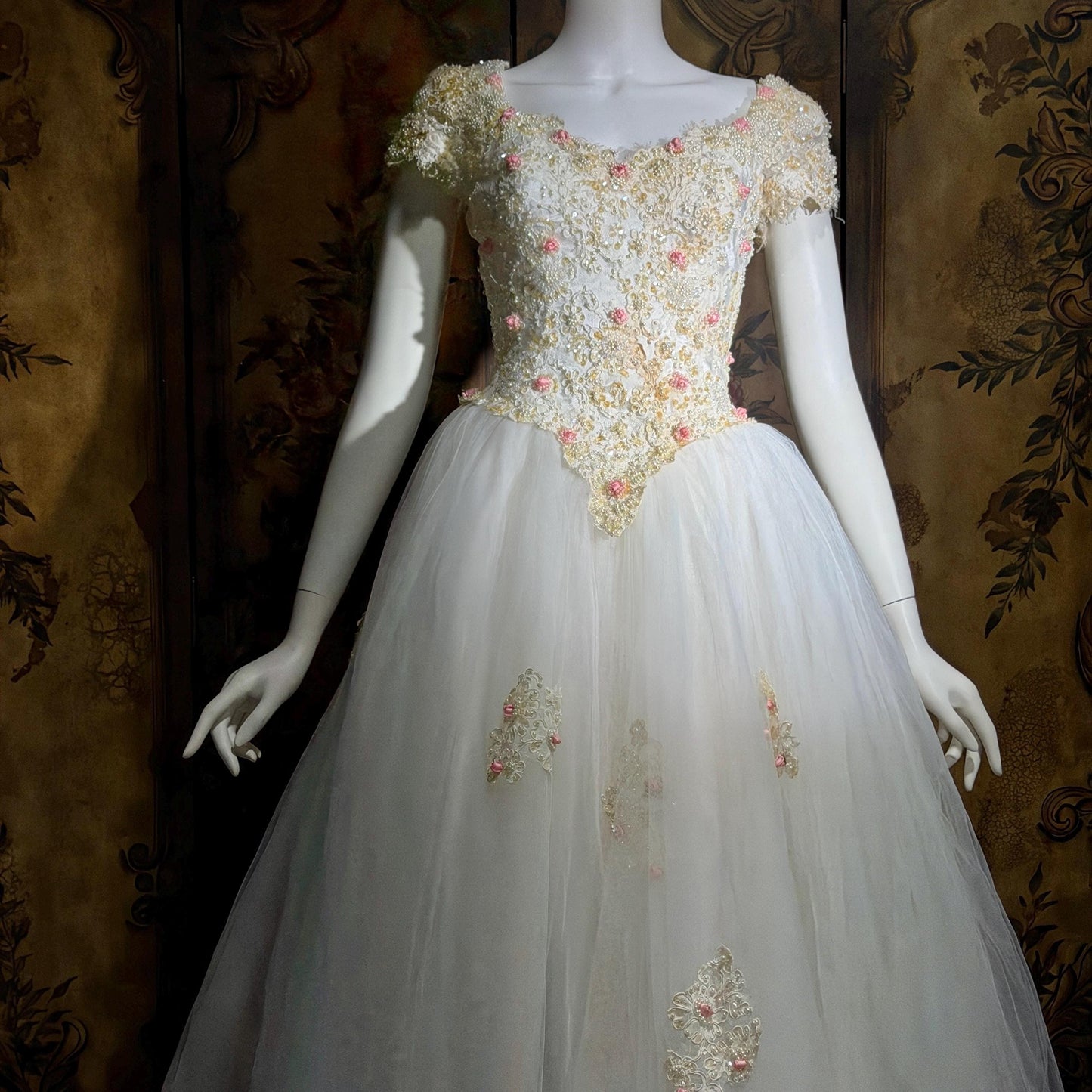 1980s Vintage Wedding Dress, Basque waist and tulle skirt Rosettes sequins and beads Ball Gown