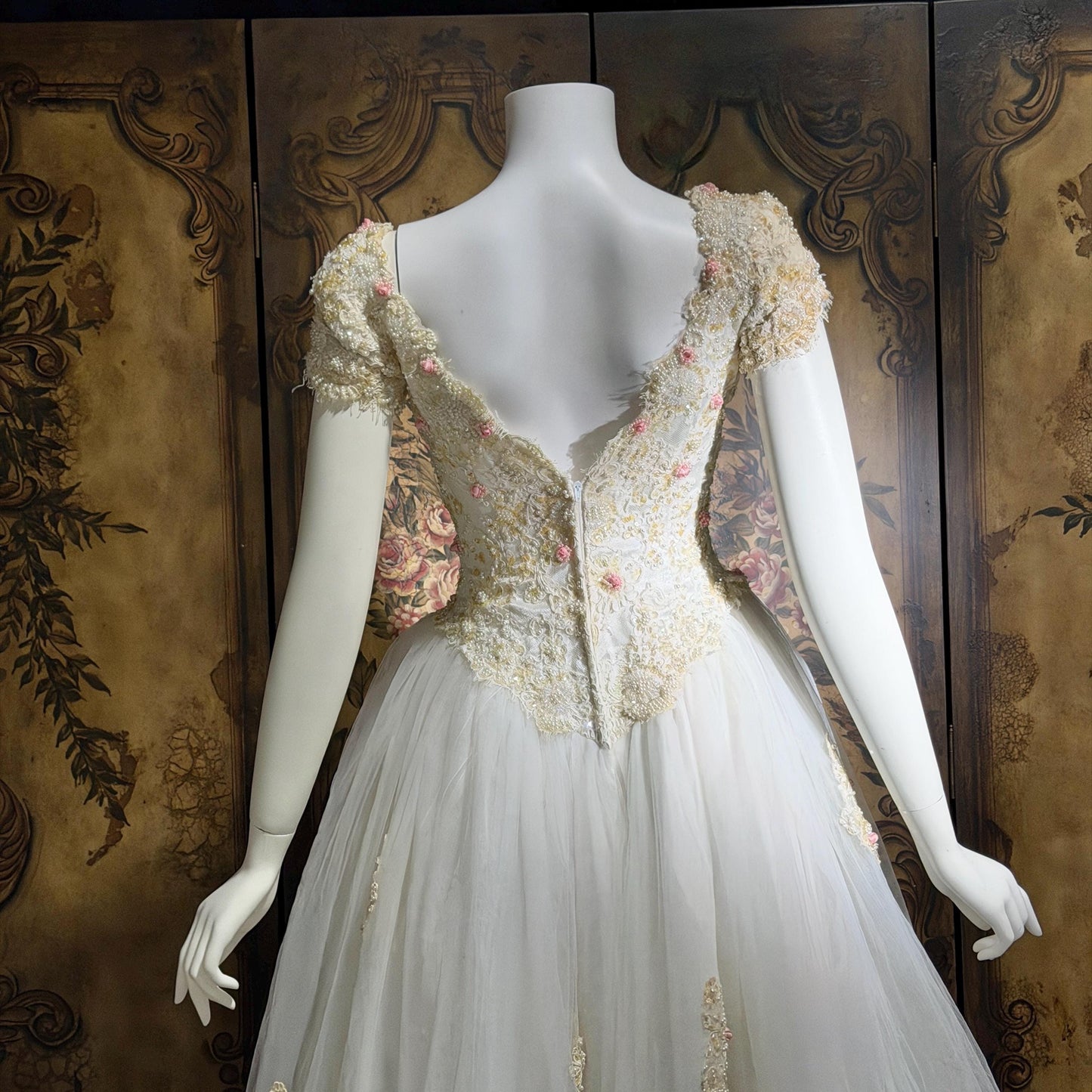 1980s Vintage Wedding Dress, Basque waist and tulle skirt Rosettes sequins and beads Ball Gown
