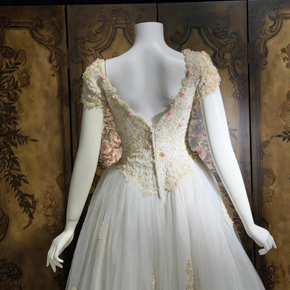 1980s Vintage Wedding Dress, Basque waist and tulle skirt Rosettes sequins and beads Ball Gown