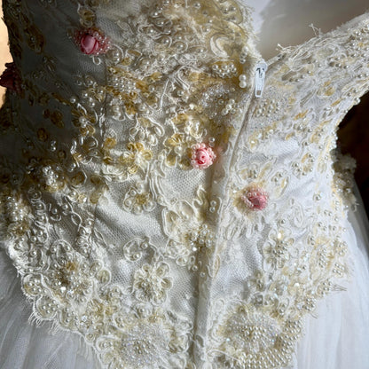 1980s Vintage Wedding Dress, Basque waist and tulle skirt Rosettes sequins and beads Ball Gown