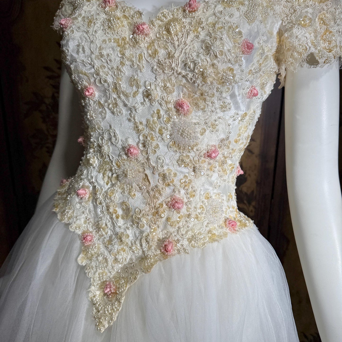 1980s Vintage Wedding Dress, Basque waist and tulle skirt Rosettes sequins and beads Ball Gown