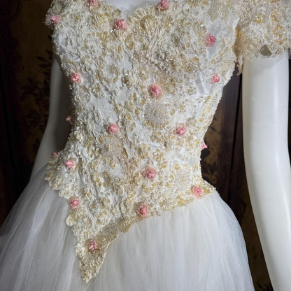 1980s Vintage Wedding Dress, Basque waist and tulle skirt Rosettes sequins and beads Ball Gown