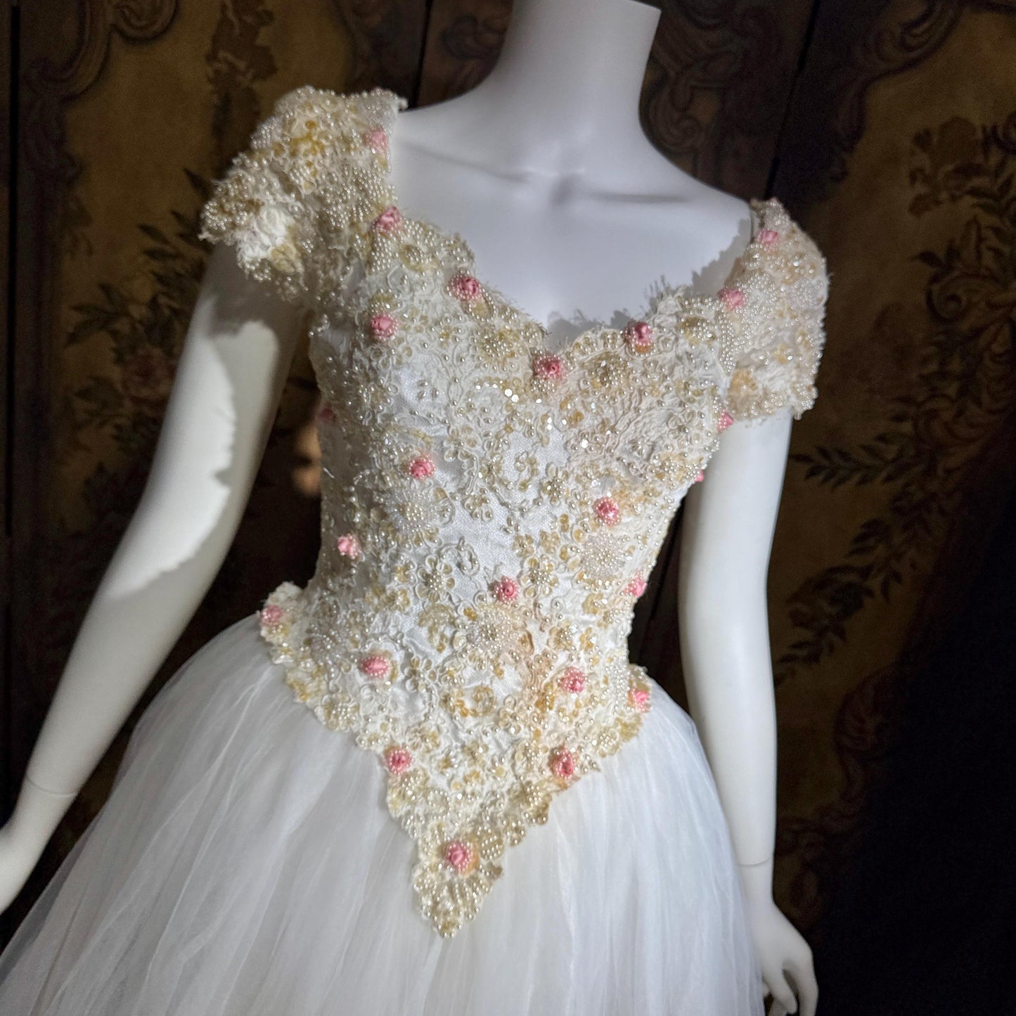 1980s Vintage Wedding Dress, Basque waist and tulle skirt Rosettes sequins and beads Ball Gown
