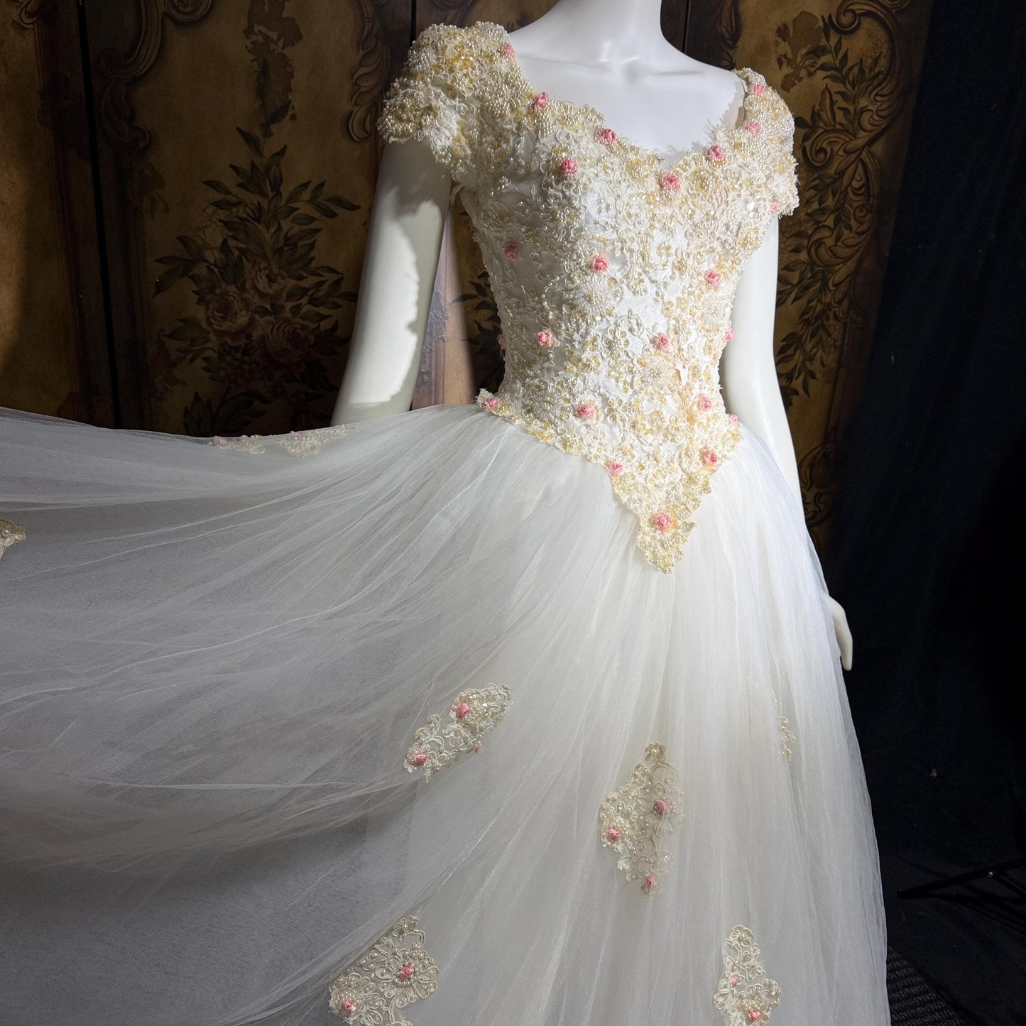 1980s Vintage Wedding Dress, Basque waist and tulle skirt Rosettes sequins and beads Ball Gown