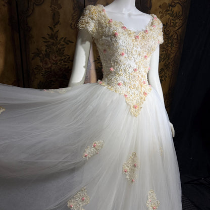 1980s Vintage Wedding Dress, Basque waist and tulle skirt Rosettes sequins and beads Ball Gown