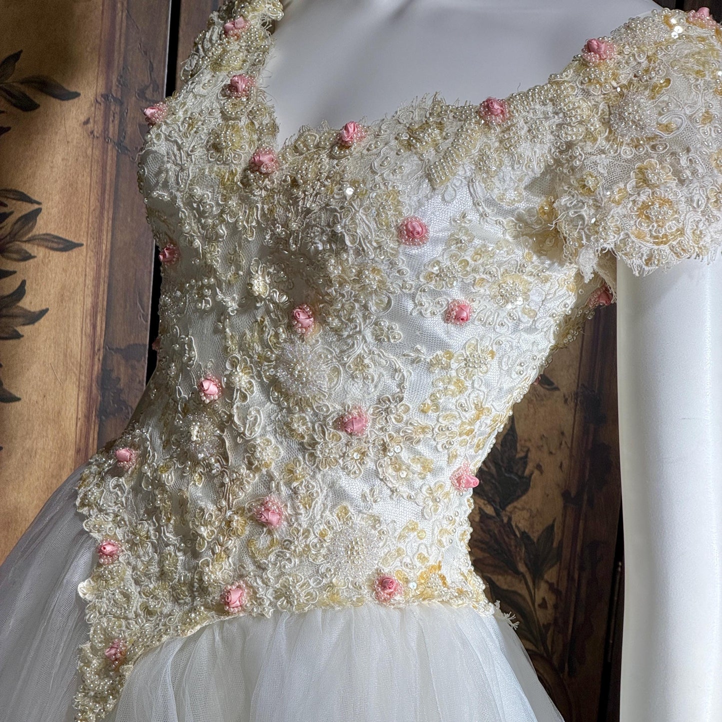 1980s Vintage Wedding Dress, Basque waist and tulle skirt Rosettes sequins and beads Ball Gown