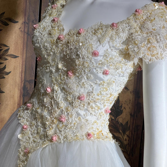 1980s Vintage Wedding Dress, Basque waist and tulle skirt Rosettes sequins and beads Ball Gown
