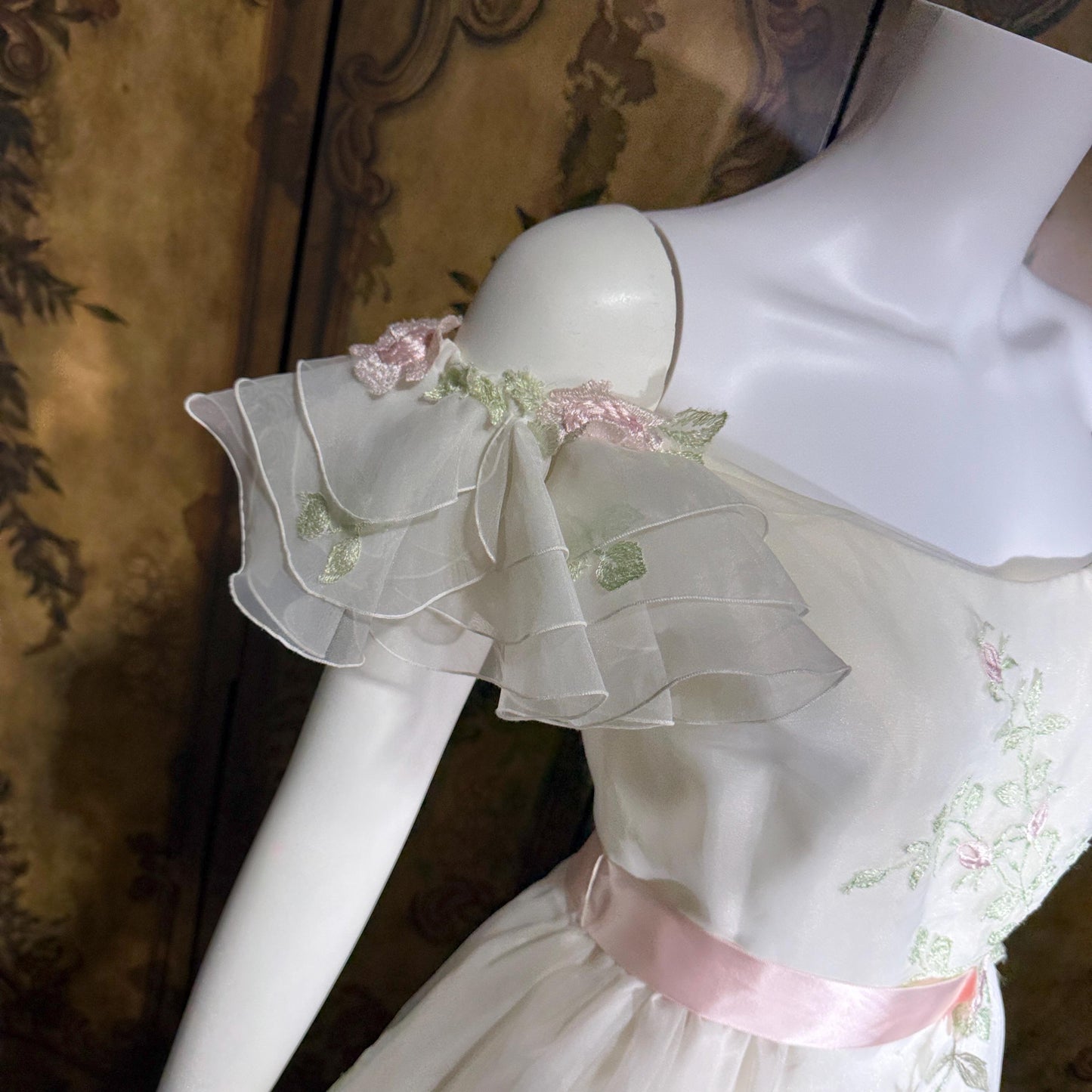 BIANCHI vintage wedding dress gown, 1960s white embroidered floral off should bridal gown