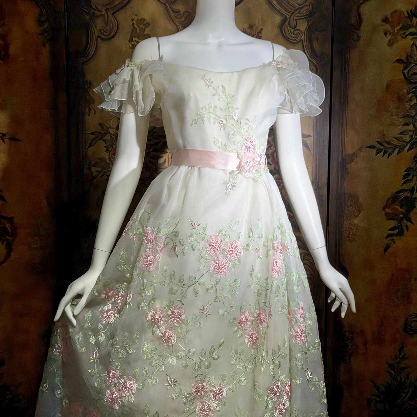 BIANCHI vintage wedding dress gown, 1960s white embroidered floral off should bridal gown