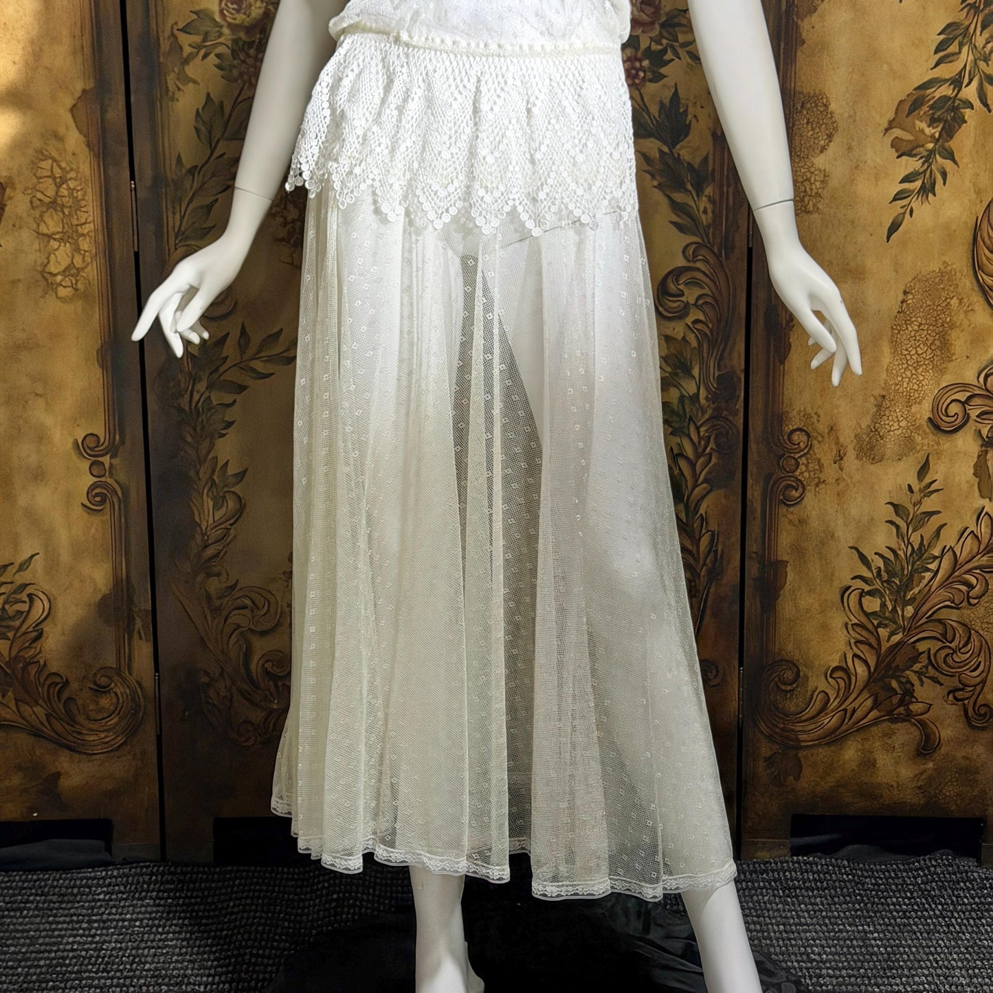 JESSICA MCCLINTOCK Vintage 1970s dress, Sheer White Net Blouson Peplum wedding dress Dress