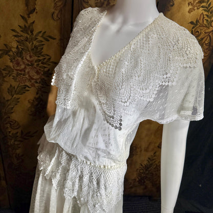 JESSICA MCCLINTOCK Vintage 1970s dress, Sheer White Net Blouson Peplum wedding dress Dress