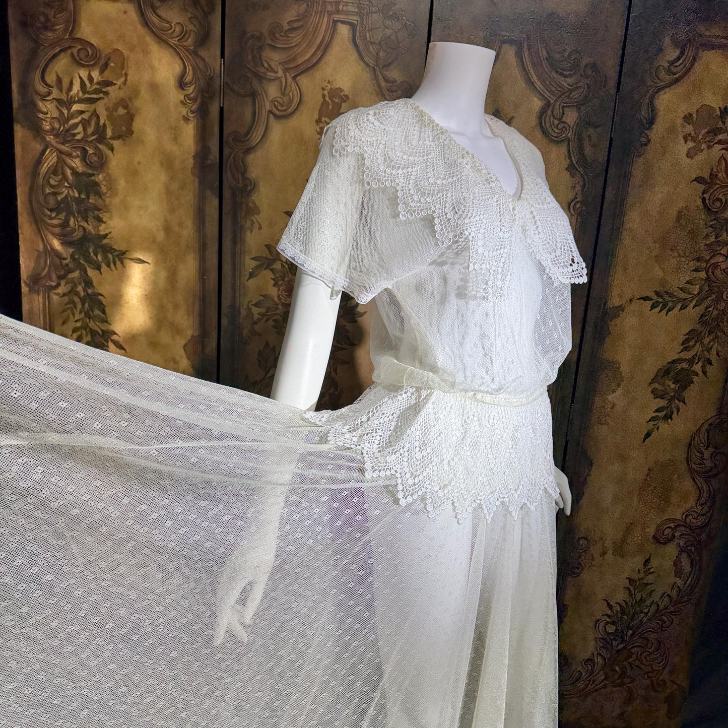 JESSICA MCCLINTOCK Vintage 1970s dress, Sheer White Net Blouson Peplum wedding dress Dress