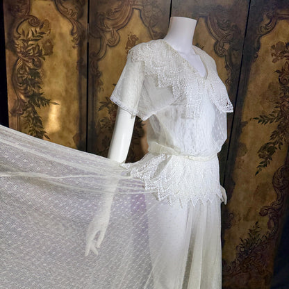JESSICA MCCLINTOCK Vintage 1970s dress, Sheer White Net Blouson Peplum wedding dress Dress