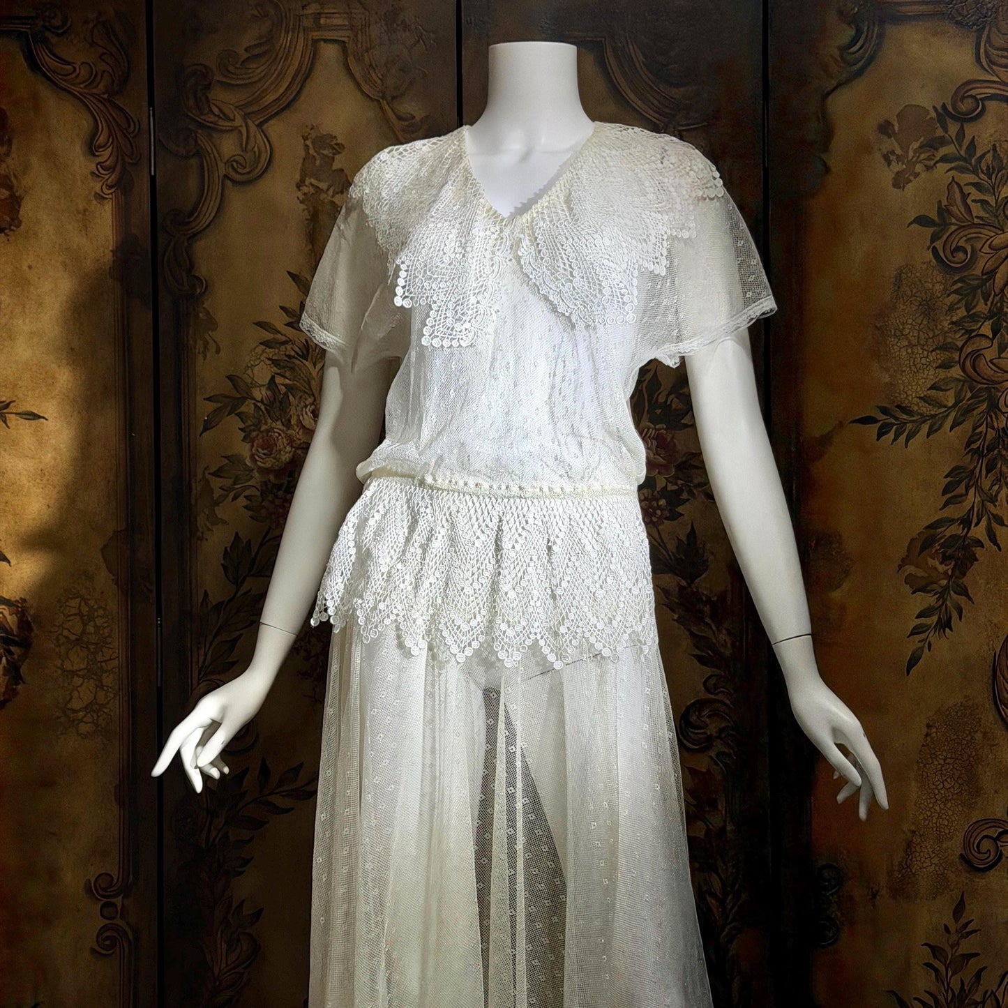 JESSICA MCCLINTOCK Vintage 1970s dress, Sheer White Net Blouson Peplum wedding dress Dress