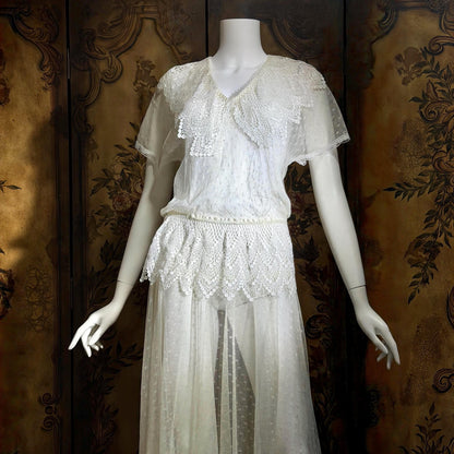 JESSICA MCCLINTOCK Vintage 1970s dress, Sheer White Net Blouson Peplum wedding dress Dress