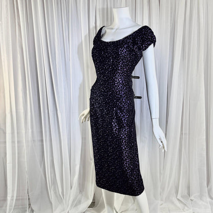 NETTIE ROSENSTEIN vintage 1950s cocktail dress, Purple velvet burnout evening wiggle dress