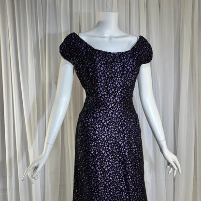 NETTIE ROSENSTEIN vintage 1950s cocktail dress, Purple velvet burnout evening wiggle dress