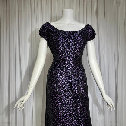 NETTIE ROSENSTEIN vintage 1950s cocktail dress, Purple velvet burnout evening wiggle dress