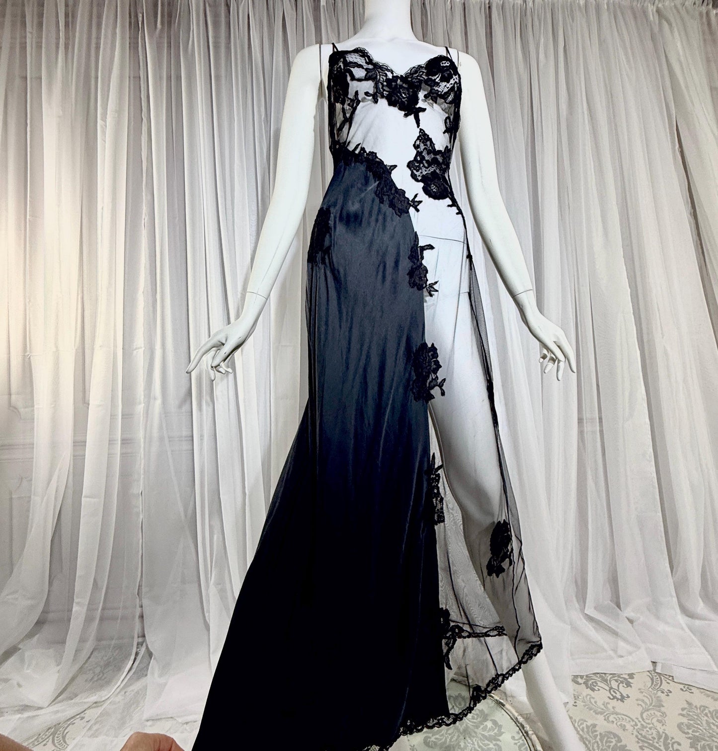 JACALYN BENNETT vintage silk nightgown slip dress, FREDERICK'S 1990s black silk and sheer mesh lingerie dress
