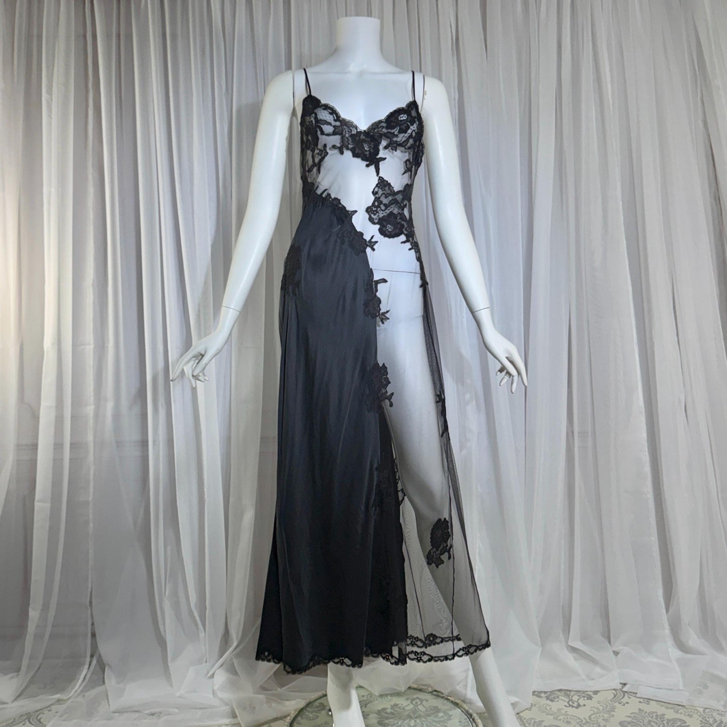 JACALYN BENNETT vintage silk nightgown slip dress, FREDERICK'S 1990s black silk and sheer mesh lingerie dress