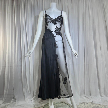 JACALYN BENNETT vintage silk nightgown slip dress, FREDERICK'S 1990s black silk and sheer mesh lingerie dress