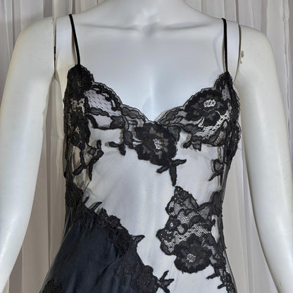 JACALYN BENNETT vintage silk nightgown slip dress, FREDERICK'S 1990s black silk and sheer mesh lingerie dress