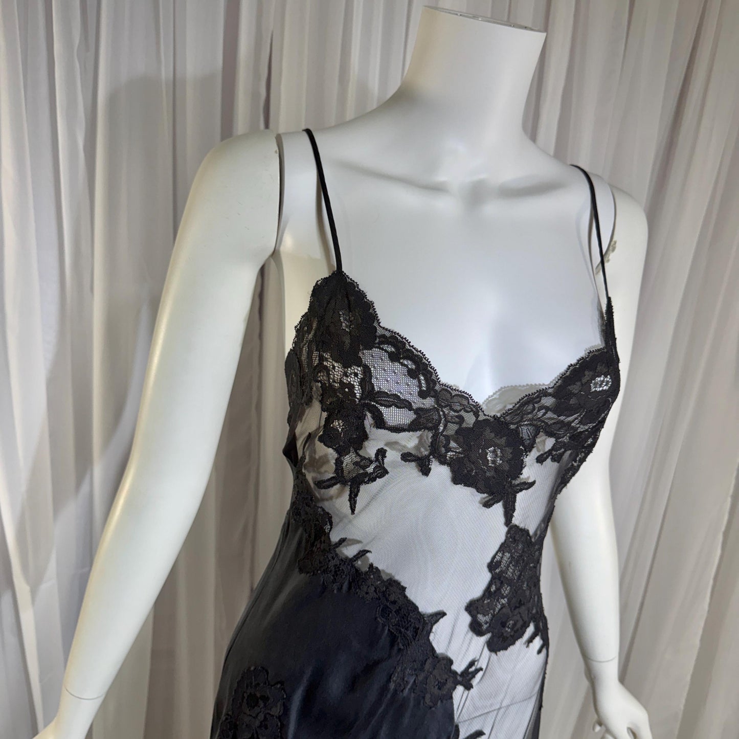 JACALYN BENNETT vintage silk nightgown slip dress, FREDERICK'S 1990s black silk and sheer mesh lingerie dress