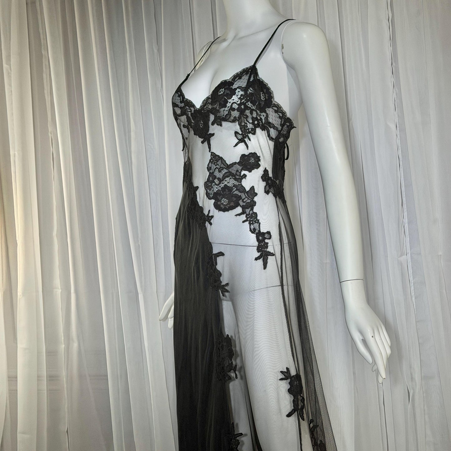 JACALYN BENNETT vintage silk nightgown slip dress, FREDERICK'S 1990s black silk and sheer mesh lingerie dress