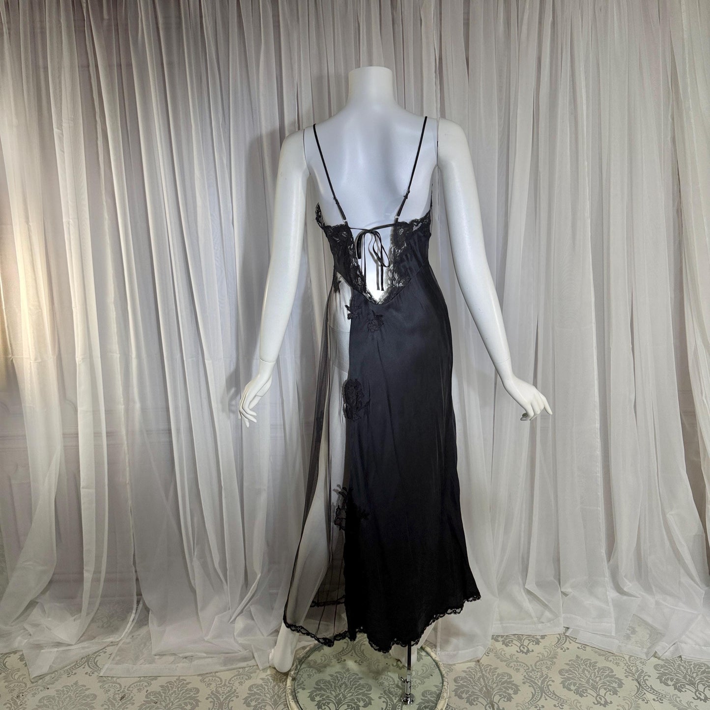 JACALYN BENNETT vintage silk nightgown slip dress, FREDERICK'S 1990s black silk and sheer mesh lingerie dress