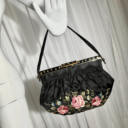 1940s Vintage French silk hand made Evening purse, Point de Beauvais Stitchery,  Enamel frame purse / Embroidered roses