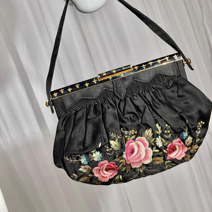 1940s Vintage French silk hand made Evening purse, Point de Beauvais Stitchery,  Enamel frame purse / Embroidered roses
