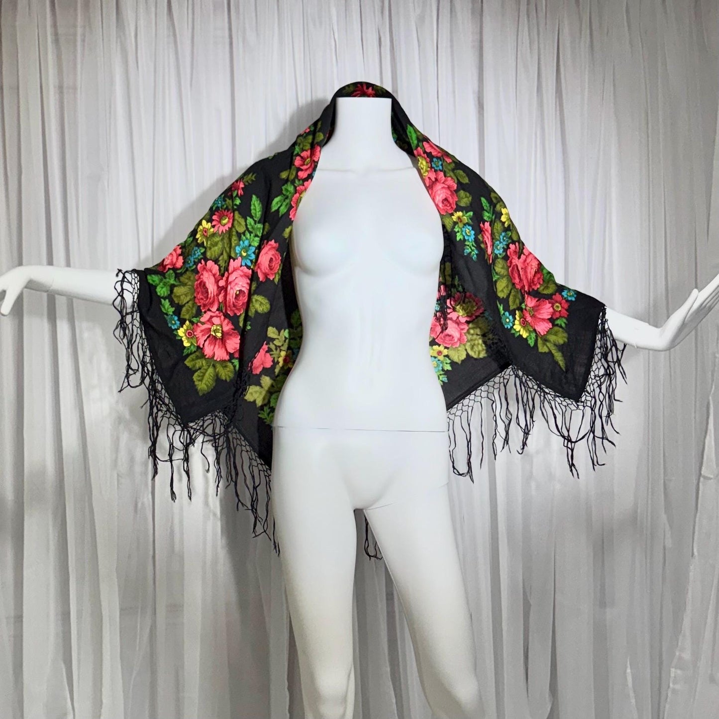 1970s vintage Floral Wool Challis Fringed shawl, black pink rose print scarf wrap, 36 inch square