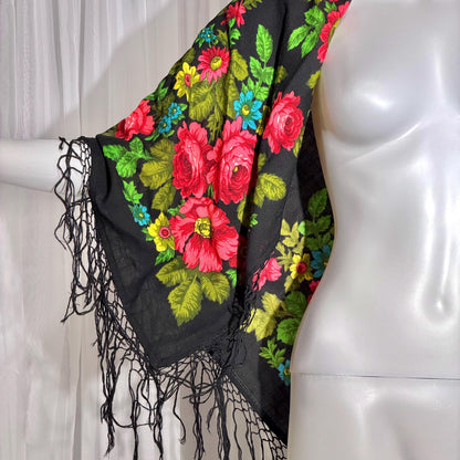 1970s vintage Floral Wool Challis Fringed shawl, black pink rose print scarf wrap, 36 inch square