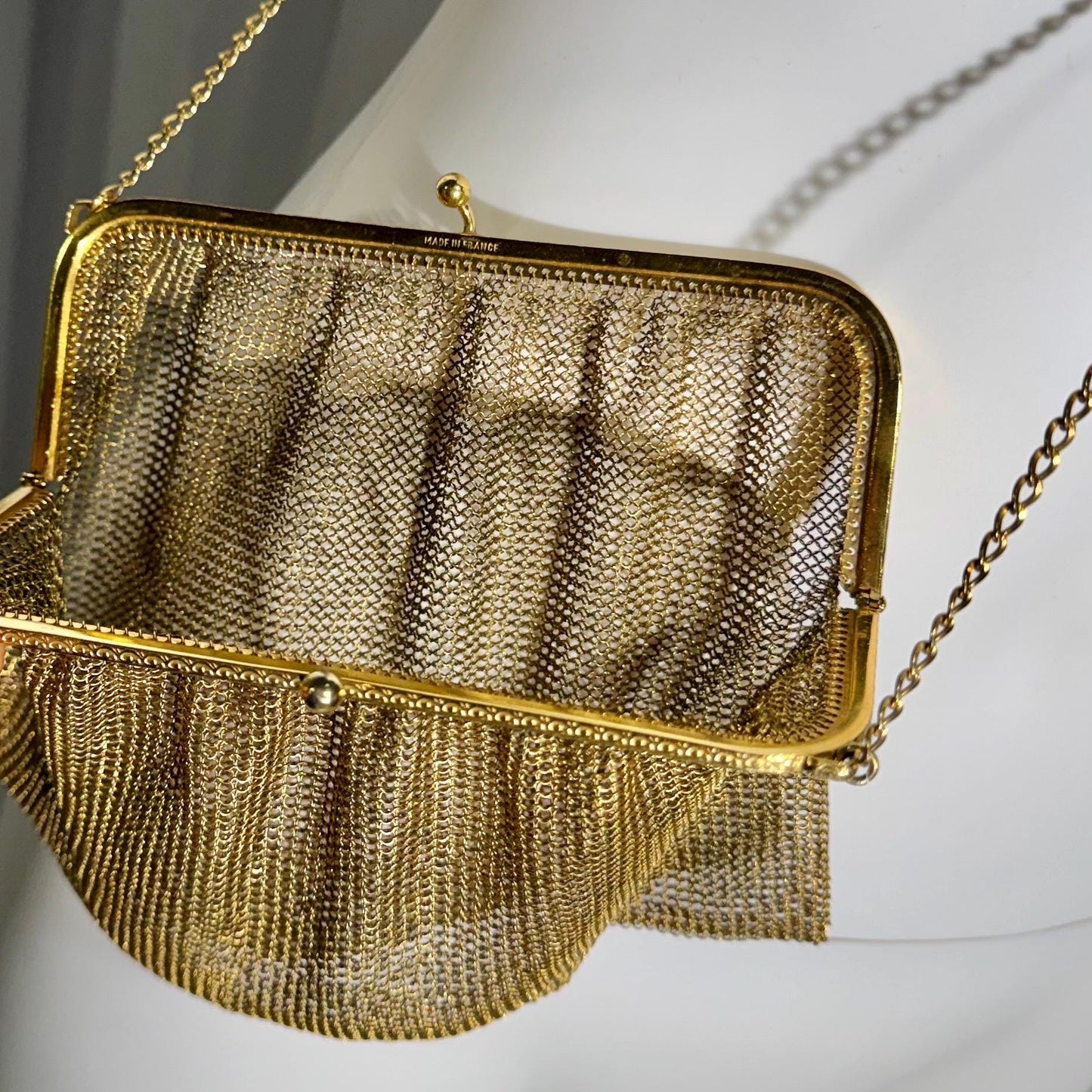 1920s vintage French gold chainmail mesh bag purse, gold metal dance evening bag