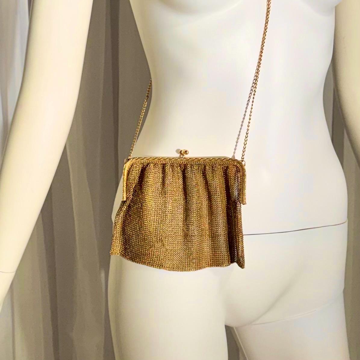 1920s vintage French gold chainmail mesh bag purse, gold metal dance 