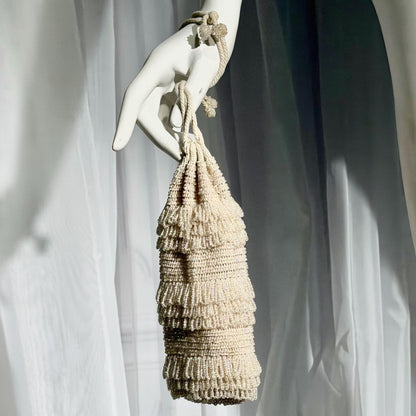 1920s Antique Vintage Beaded Dance Bag, White Glass Art Deco Drawstring tassel Wrist purse