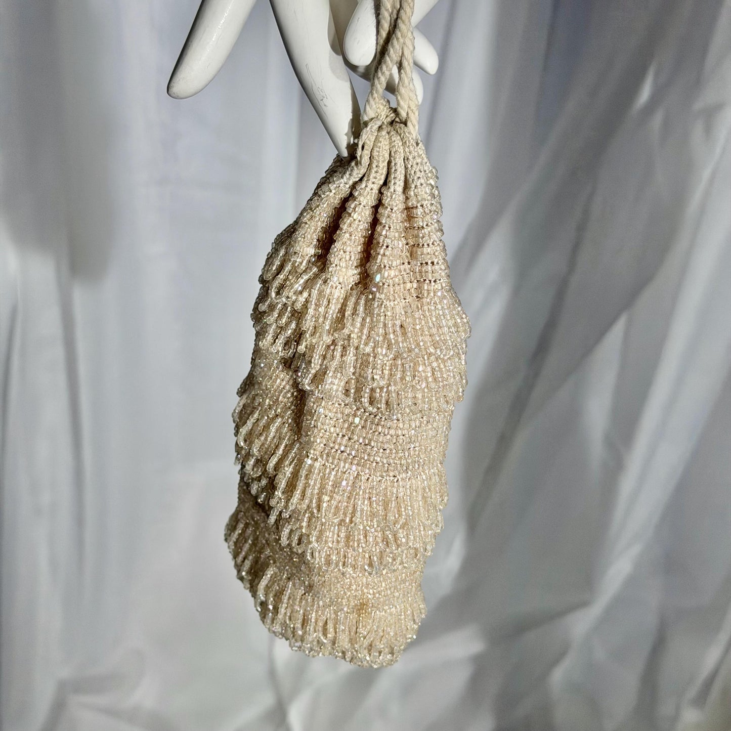 1920s Antique Vintage Beaded Dance Bag, White Glass Art Deco Drawstring tassel Wrist purse