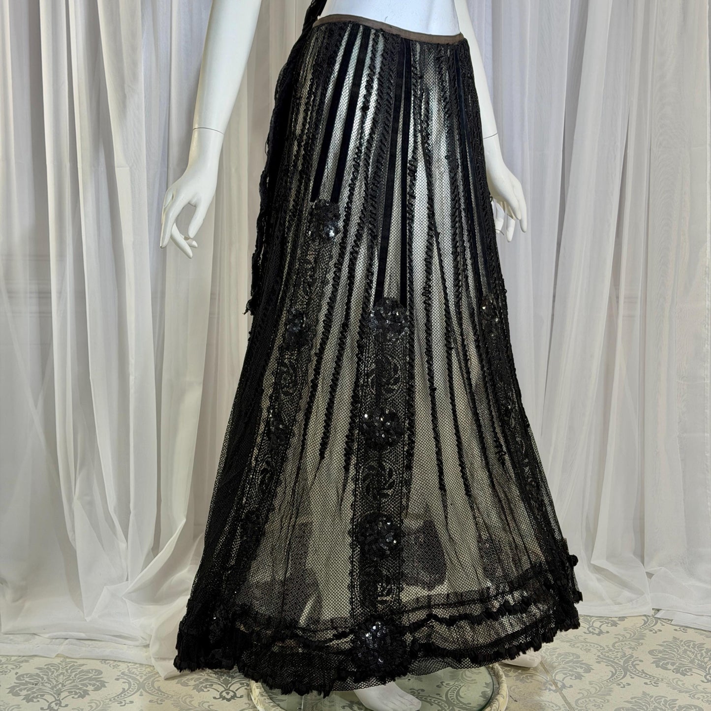 1800s Vintage Victorian mesh over skirt, Antique ornate sequin sheer maxi skirt