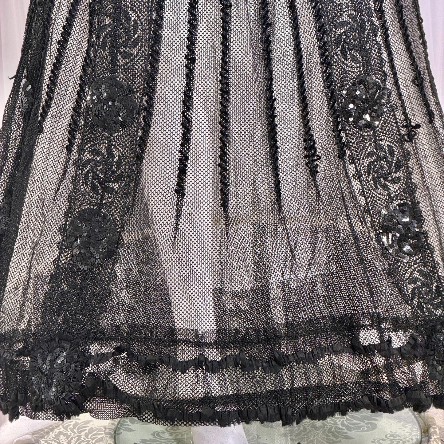 1800s Vintage Victorian mesh over skirt, Antique ornate sequin sheer maxi skirt