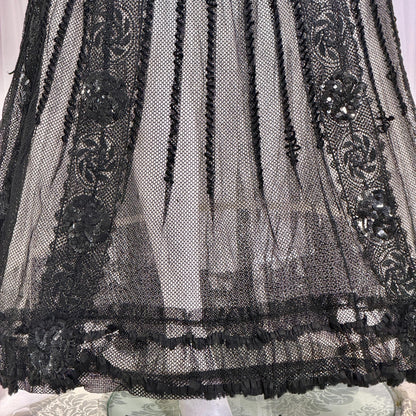 1800s Vintage Victorian mesh over skirt, Antique ornate sequin sheer maxi skirt