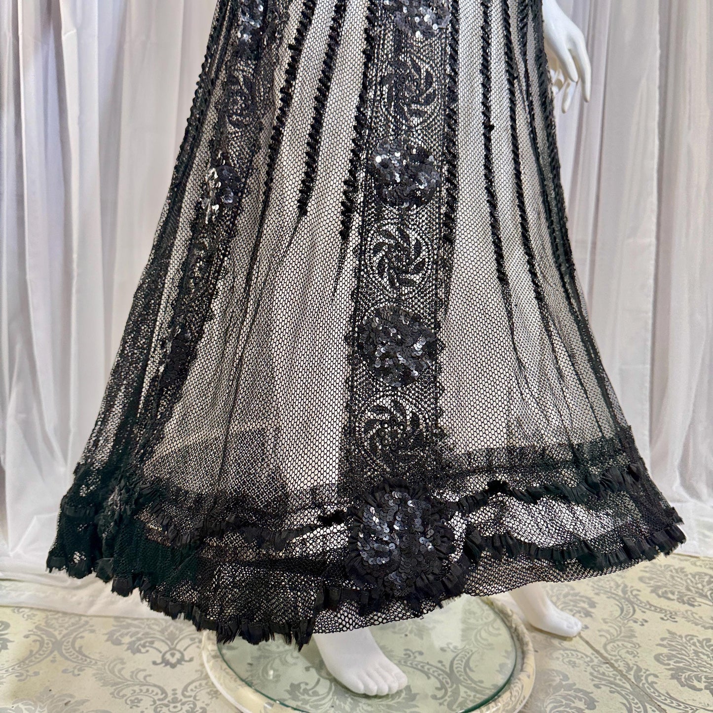 1800s Vintage Victorian mesh over skirt, Antique ornate sequin sheer maxi skirt